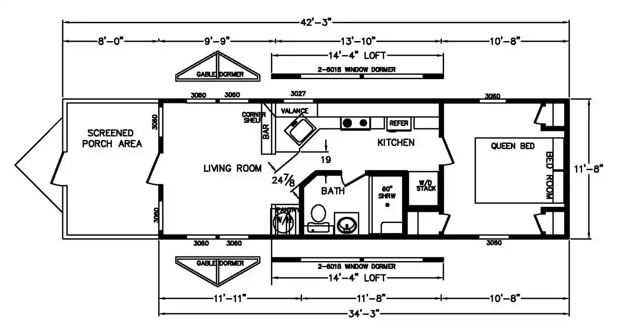 Floor plan drawing of the AC-100. From left to right: a screened porch, a living room with a kitchen along the back wall, a bathroom and laundry stack, and a bedroom with a queen bed. The cabin is 11 feet 8 inches wide and 34 feet 3 inches long, or 42 feet 3 inches with the porch.
